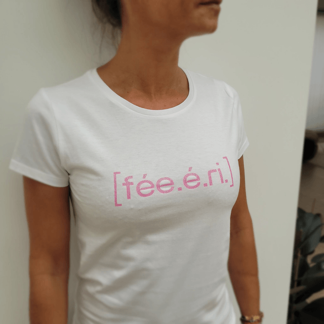 TSHIRT COTON BIO FÉE.E.RIE BLANC ET ROSE PAILLETÉ